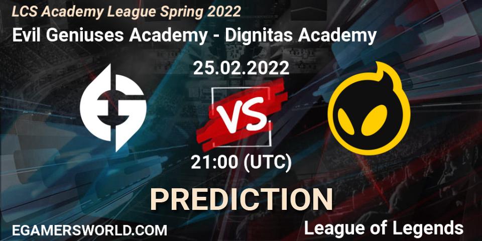 Prognose für das Spiel Evil Geniuses Academy VS Dignitas Academy. 25.02.22. LoL - LCS Academy League Spring 2022