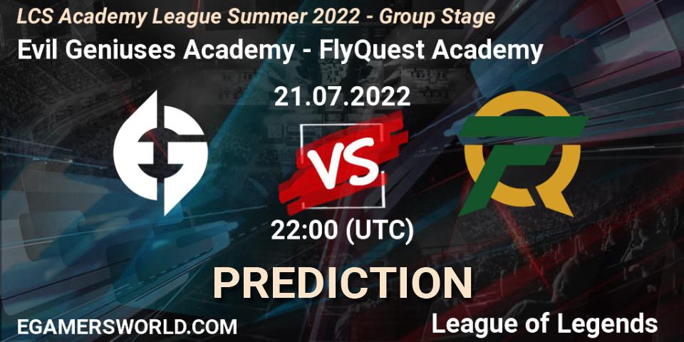 Prognose für das Spiel Evil Geniuses Academy VS FlyQuest Academy. 21.07.22. LoL - LCS Academy League Summer 2022 - Group Stage
