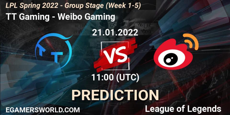 Prognose für das Spiel TT Gaming VS Weibo Gaming. 21.01.2022 at 12:45. LoL - LPL Spring 2022 - Group Stage (Week 1-5)