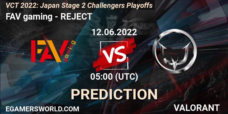Prognose für das Spiel FAV gaming VS REJECT. 12.06.2022 at 05:00. VALORANT - VCT 2022: Japan Stage 2 Challengers Playoffs