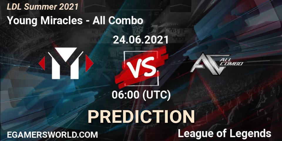 Prognose für das Spiel Young Miracles VS All Combo. 24.06.2021 at 06:00. LoL - LDL Summer 2021