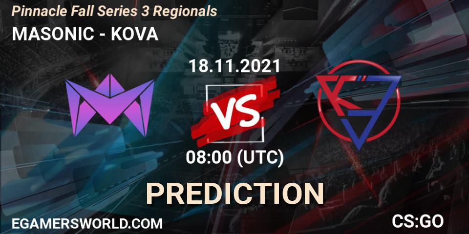 Prognose für das Spiel MASONIC VS KOVA. 18.11.2021 at 08:00. Counter-Strike (CS2) - Pinnacle Fall Series 3 Regionals