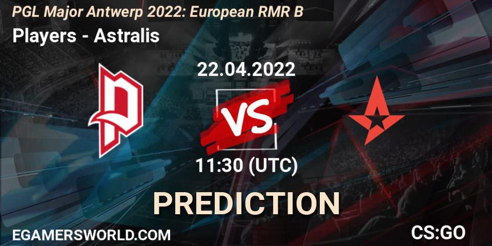 Prognose für das Spiel Players VS Astralis. 22.04.2022 at 11:10. Counter-Strike (CS2) - PGL Major Antwerp 2022: European RMR B