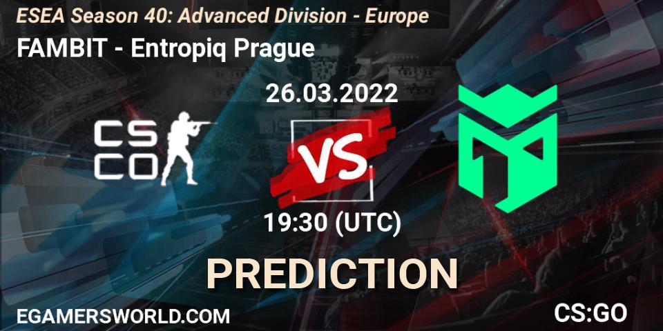 Prognose für das Spiel FAMBIT VS Entropiq Prague. 26.03.2022 at 18:00. Counter-Strike (CS2) - ESEA Season 40: Advanced Division - Europe