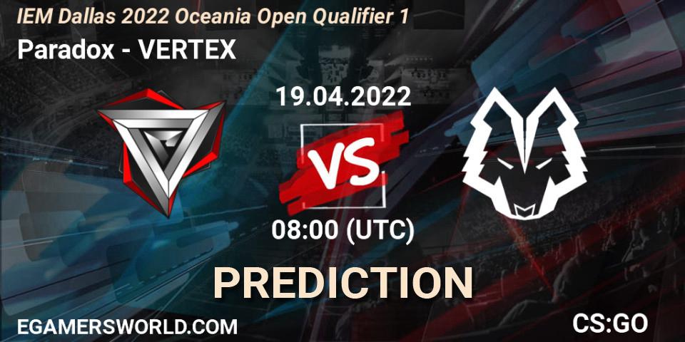 Prognose für das Spiel Paradox VS VERTEX. 19.04.22. CS2 (CS:GO) - IEM Dallas 2022 Oceania Open Qualifier 1