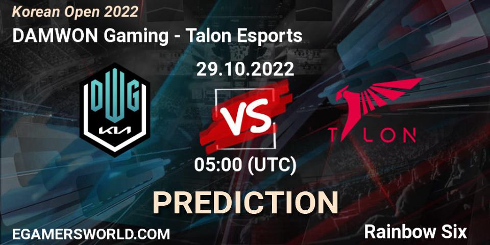 Prognose für das Spiel DAMWON Gaming VS Talon Esports. 29.10.2022 at 05:00. Rainbow Six - Korean Open 2022
