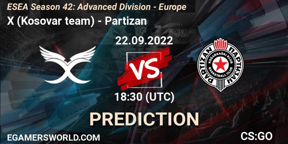 Prognose für das Spiel X (Kosovar team) VS Partizan. 22.09.2022 at 16:00. Counter-Strike (CS2) - ESEA Season 42: Advanced Division - Europe