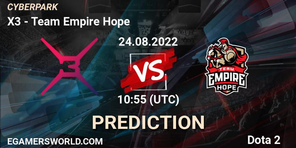 Prognose für das Spiel X3 VS Team Empire Hope. 24.08.2022 at 10:55. Dota 2 - CYBERPARK