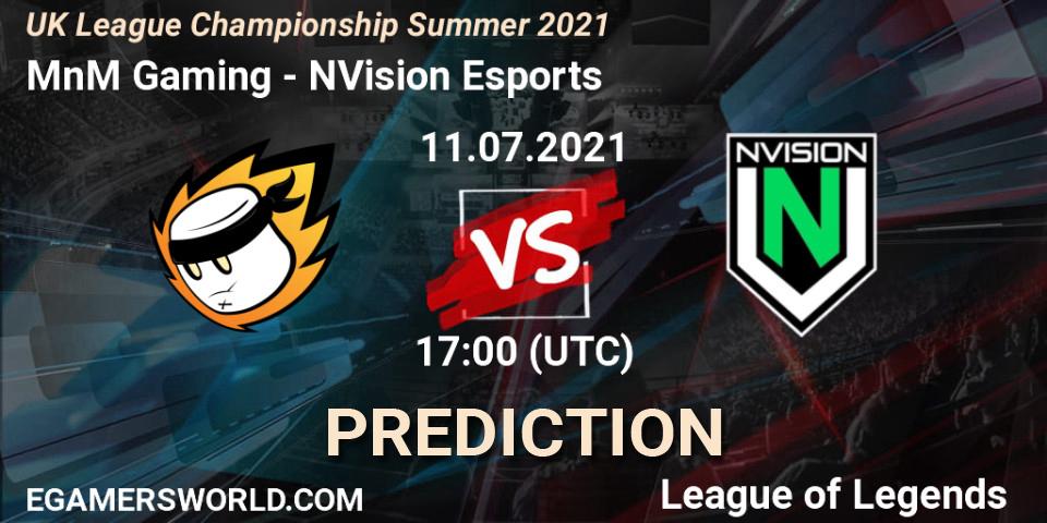 Prognose für das Spiel MnM Gaming VS NVision Esports. 11.07.2021 at 17:00. LoL - UK League Championship Summer 2021
