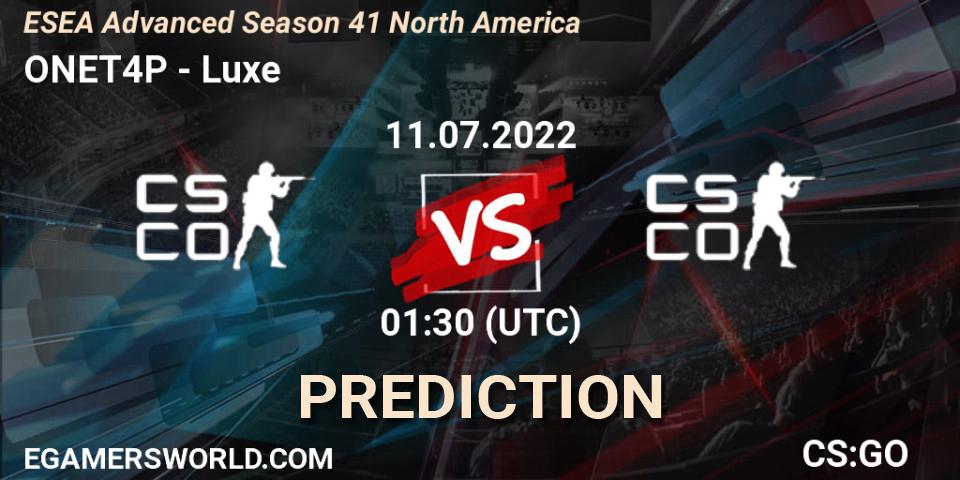 Prognose für das Spiel ONET4P VS Luxe. 11.07.2022 at 01:00. Counter-Strike (CS2) - ESEA Advanced Season 41 North America