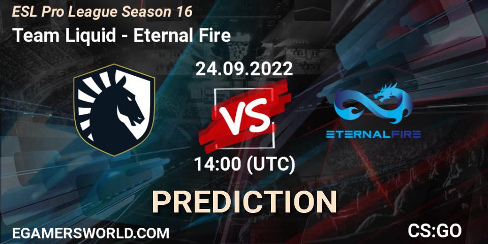 Prognose für das Spiel Team Liquid VS Eternal Fire. 24.09.2022 at 14:00. Counter-Strike (CS2) - ESL Pro League Season 16