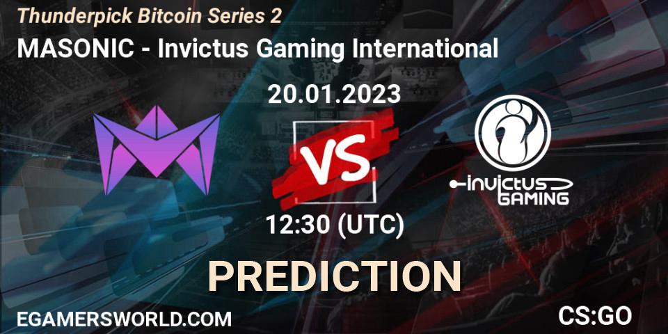 Prognose für das Spiel MASONIC VS Invictus Gaming International. 22.01.2023 at 09:00. Counter-Strike (CS2) - Thunderpick Bitcoin Series 2