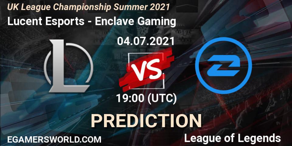 Prognose für das Spiel Lucent Esports VS Enclave Gaming. 04.07.2021 at 19:00. LoL - UK League Championship Summer 2021