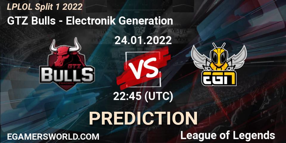 Prognose für das Spiel GTZ Bulls VS Electronik Generation. 24.01.2022 at 22:45. LoL - LPLOL Split 1 2022