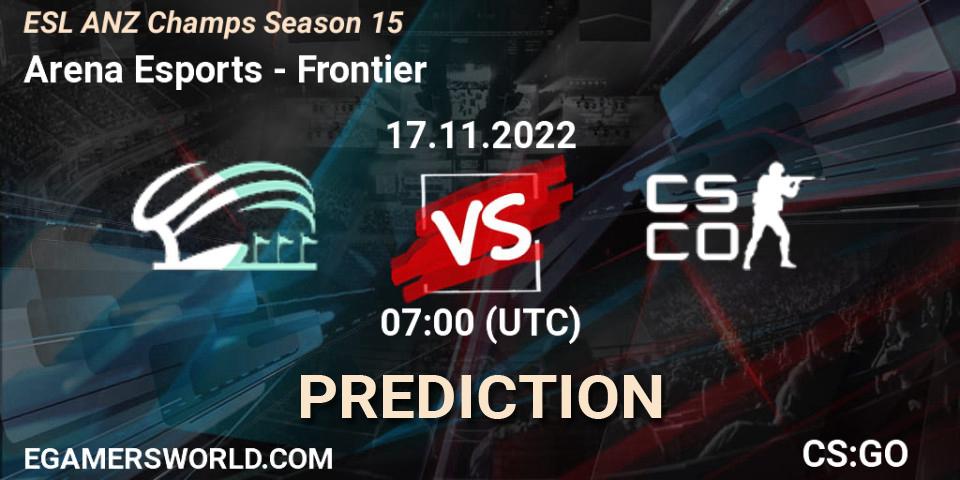 Prognose für das Spiel Arena Esports VS Frontier. 17.11.2022 at 07:00. Counter-Strike (CS2) - ESL ANZ Champs Season 15