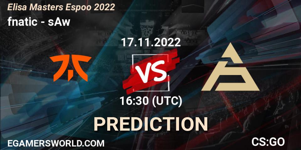 Prognose für das Spiel fnatic VS sAw. 17.11.2022 at 17:20. Counter-Strike (CS2) - Elisa Masters Espoo 2022