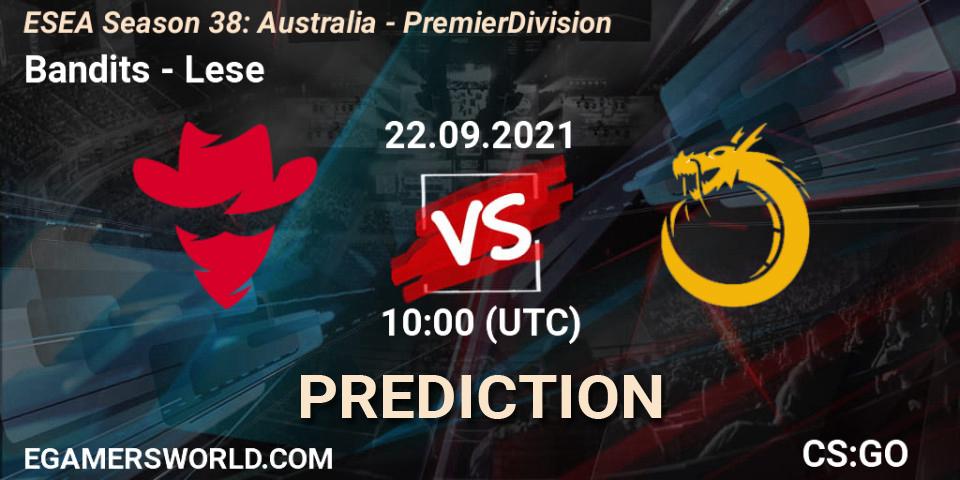Prognose für das Spiel Bandits VS Lese. 22.09.2021 at 10:00. Counter-Strike (CS2) - ESEA Season 38: Australia - Premier Division