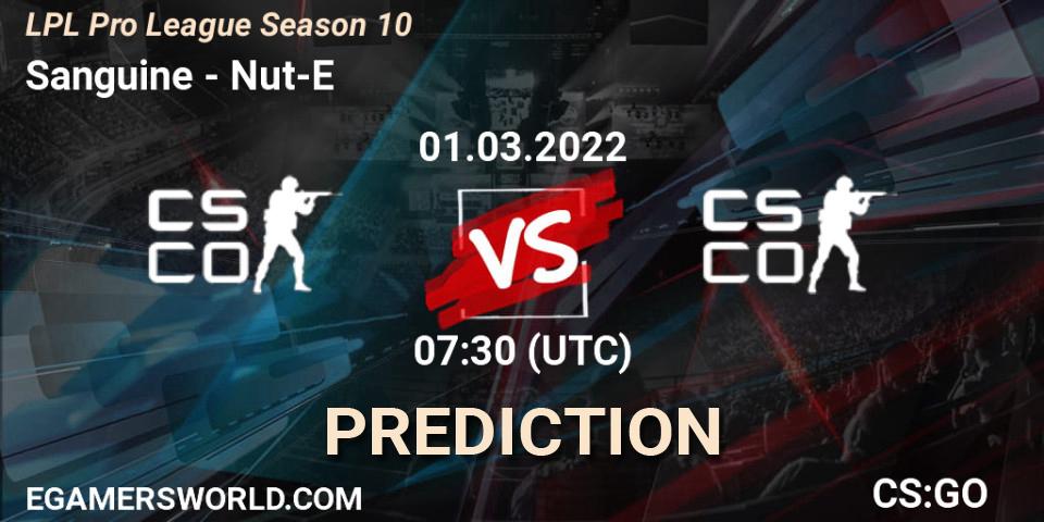Prognose für das Spiel Sanguine VS Nut-E Gaming. 01.03.2022 at 07:30. Counter-Strike (CS2) - LPL Pro League Season 10