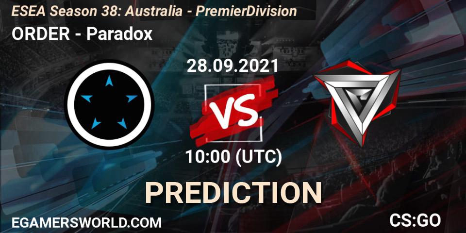 Prognose für das Spiel ORDER VS Paradox. 13.10.2021 at 09:00. Counter-Strike (CS2) - ESEA Season 38: Australia - Premier Division