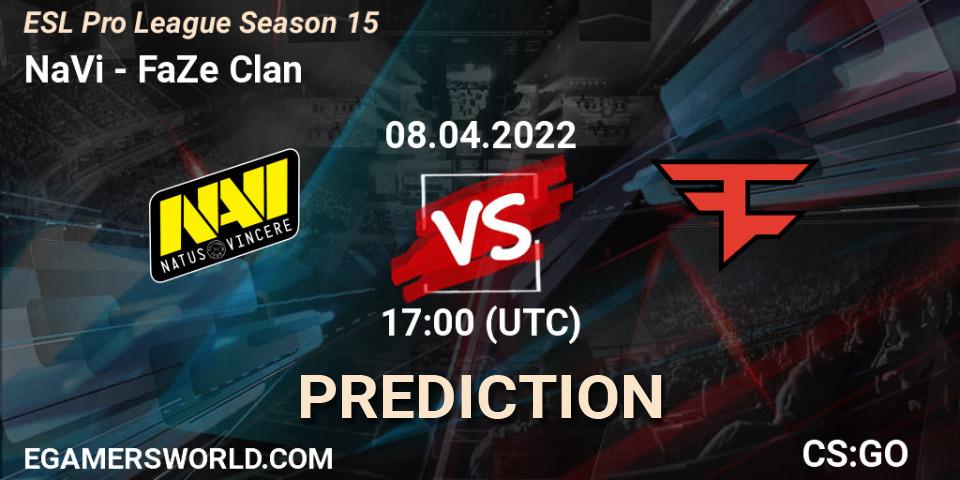Prognose für das Spiel NaVi VS FaZe Clan. 08.04.2022 at 17:30. Counter-Strike (CS2) - ESL Pro League Season 15