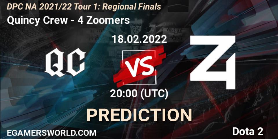 Prognose für das Spiel Quincy Crew VS 4 Zoomers. 18.02.2022 at 19:55. Dota 2 - DPC NA 2021/22 Tour 1: Regional Finals