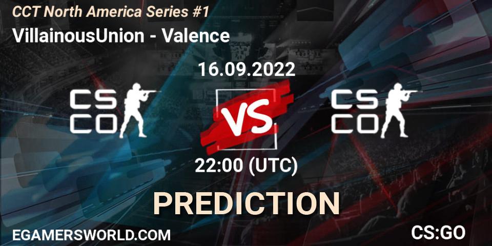 Prognose für das Spiel VillainousUnion VS Valence. 16.09.2022 at 22:00. Counter-Strike (CS2) - CCT North America Series #1