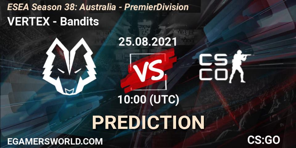 Prognose für das Spiel VERTEX VS Bandits. 25.08.2021 at 10:00. Counter-Strike (CS2) - ESEA Season 38: Australia - Premier Division