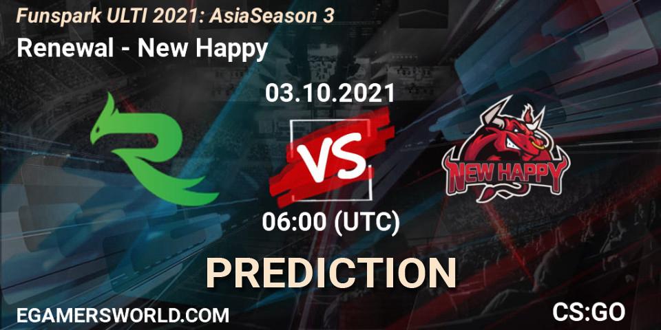 Prognose für das Spiel Renewal VS New Happy. 11.10.2021 at 06:00. Counter-Strike (CS2) - Funspark ULTI 2021: Asia Season 3