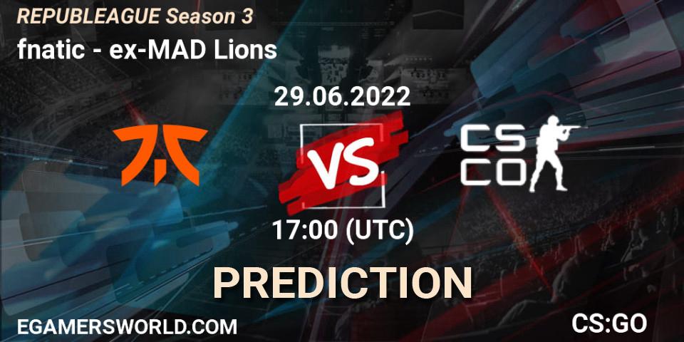 Prognose für das Spiel fnatic VS ex-MAD Lions. 29.06.2022 at 17:00. Counter-Strike (CS2) - REPUBLEAGUE Season 3
