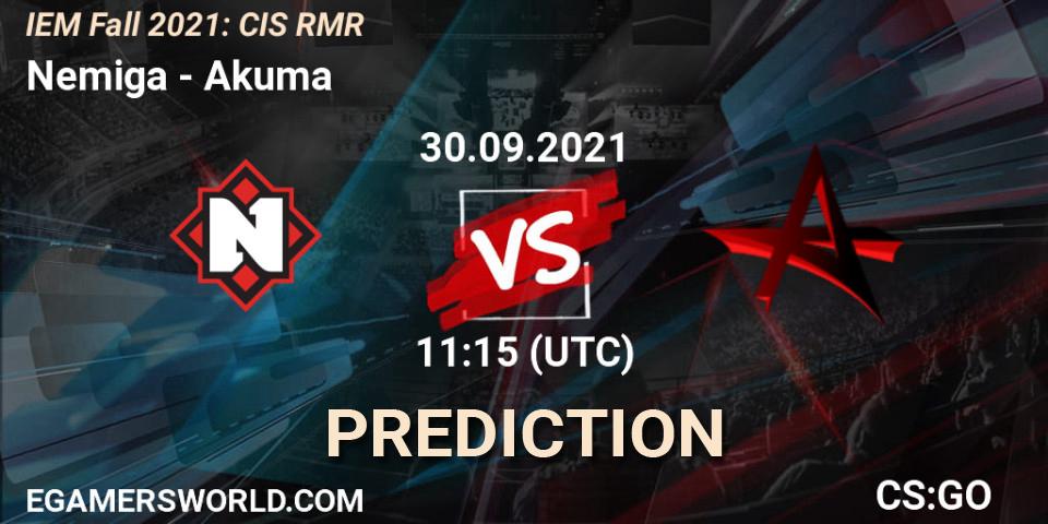 Prognose für das Spiel Nemiga VS Akuma. 30.09.2021 at 11:20. Counter-Strike (CS2) - IEM Fall 2021: CIS RMR