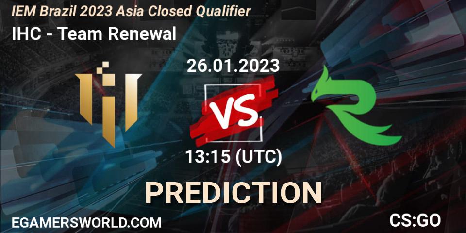 Prognose für das Spiel IHC VS Team Renewal. 26.01.2023 at 13:15. Counter-Strike (CS2) - IEM Brazil Rio 2023 Asia Closed Qualifier