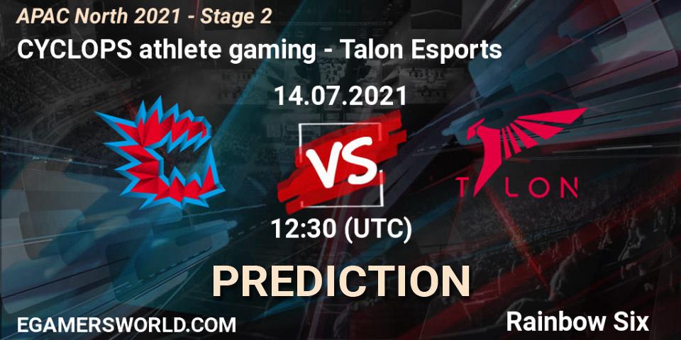 Prognose für das Spiel CYCLOPS athlete gaming VS Talon Esports. 14.07.2021 at 12:30. Rainbow Six - APAC North 2021 - Stage 2