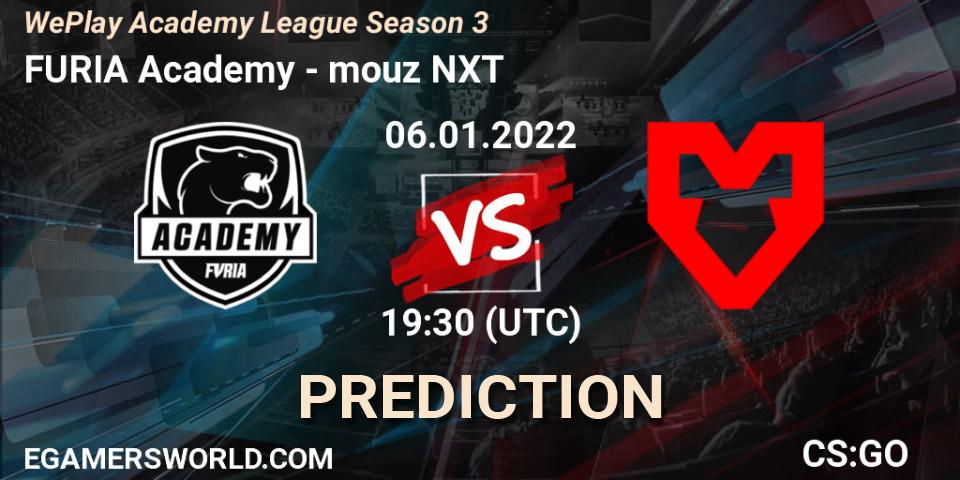 Prognose für das Spiel FURIA Academy VS mouz NXT. 06.01.2022 at 19:30. Counter-Strike (CS2) - WePlay Academy League Season 3