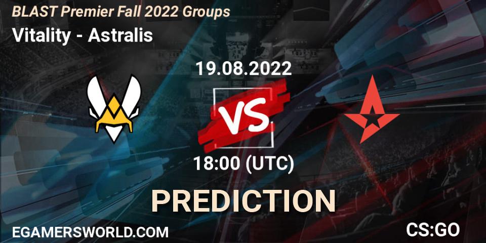 Prognose für das Spiel Vitality VS Astralis. 19.08.22. CS2 (CS:GO) - BLAST Premier Fall 2022 Groups