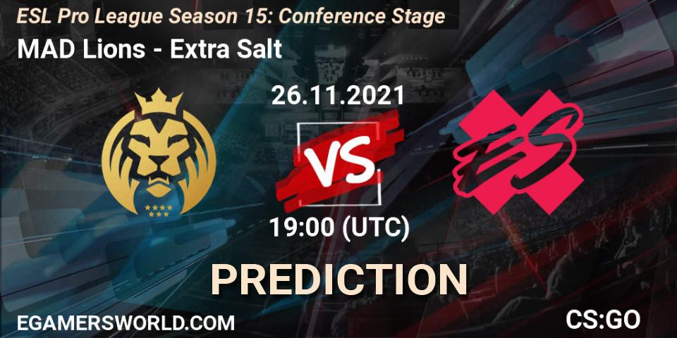 Prognose für das Spiel MAD Lions VS Extra Salt. 26.11.2021 at 20:25. Counter-Strike (CS2) - ESL Pro League Season 15: Conference Stage