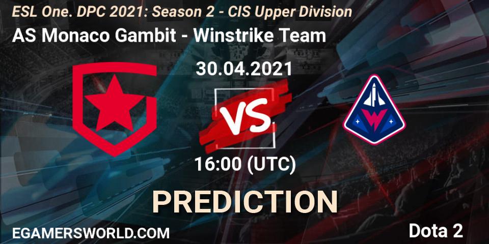 Prognose für das Spiel AS Monaco Gambit VS Winstrike Team. 30.04.21. Dota 2 - ESL One. DPC 2021: Season 2 - CIS Upper Division