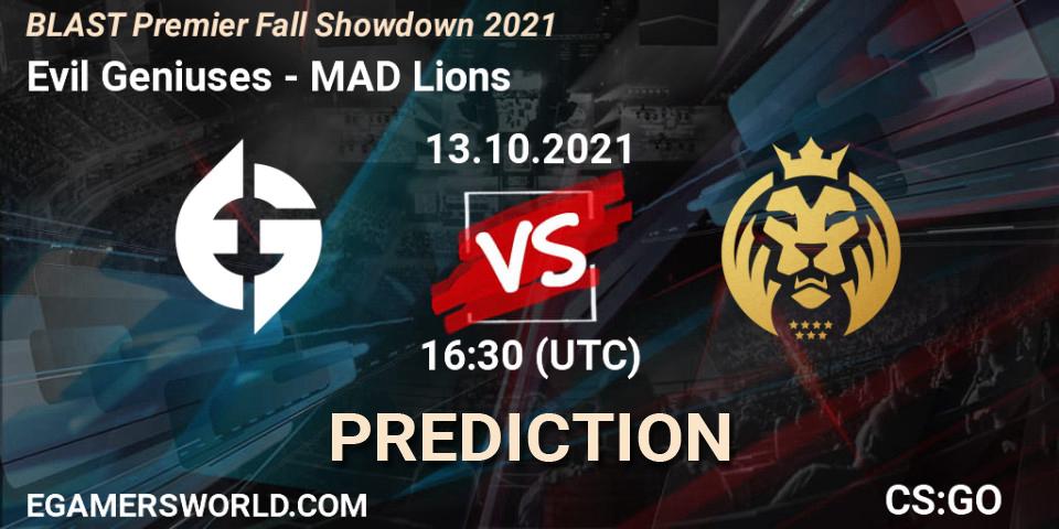 Prognose für das Spiel Evil Geniuses VS MAD Lions. 15.10.2021 at 10:30. Counter-Strike (CS2) - BLAST Premier Fall Showdown 2021