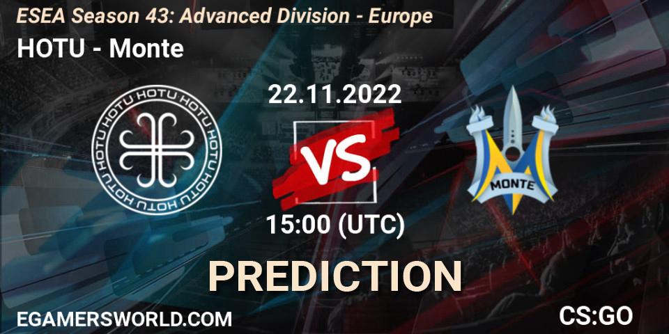 Prognose für das Spiel HOTU VS Monte. 22.11.2022 at 15:00. Counter-Strike (CS2) - ESEA Season 43: Advanced Division - Europe