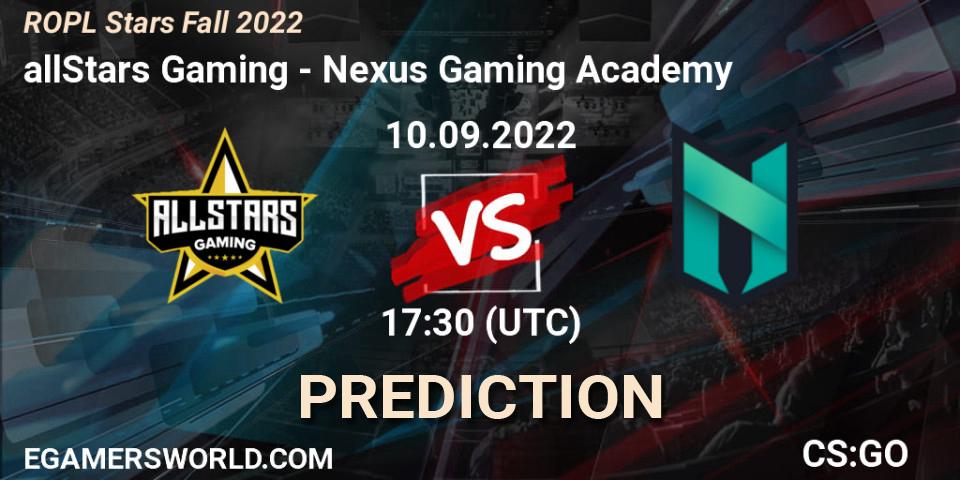 Prognose für das Spiel allStars Gaming VS Nexus Gaming Academy. 10.09.2022 at 17:30. Counter-Strike (CS2) - ROPL Stars Fall 2022