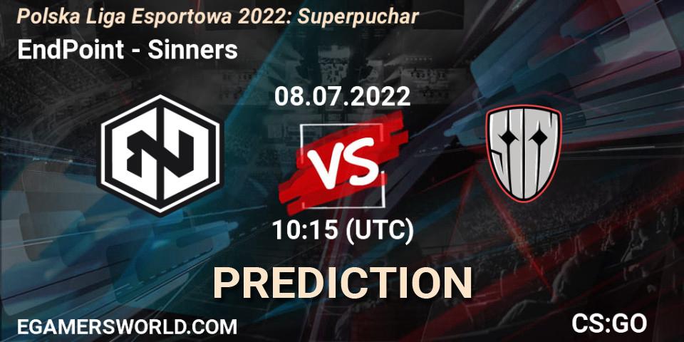 Prognose für das Spiel EndPoint VS Sinners. 08.07.2022 at 11:00. Counter-Strike (CS2) - Polska Liga Esportowa 2022: Superpuchar