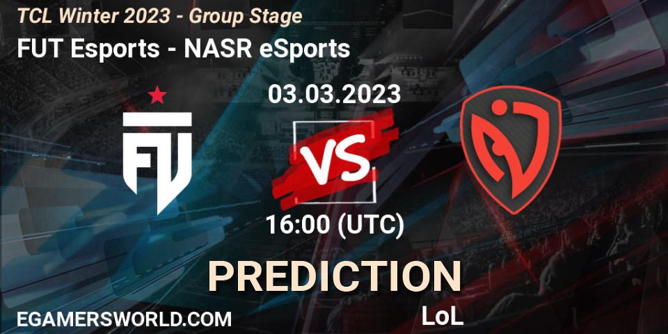 Prognose für das Spiel FUT Esports VS NASR eSports. 10.03.2023 at 16:00. LoL - TCL Winter 2023 - Group Stage