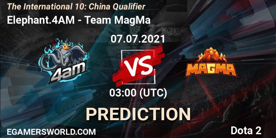 Prognose für das Spiel Elephant.4AM VS Team MagMa. 07.07.2021 at 03:19. Dota 2 - The International 10: China Qualifier