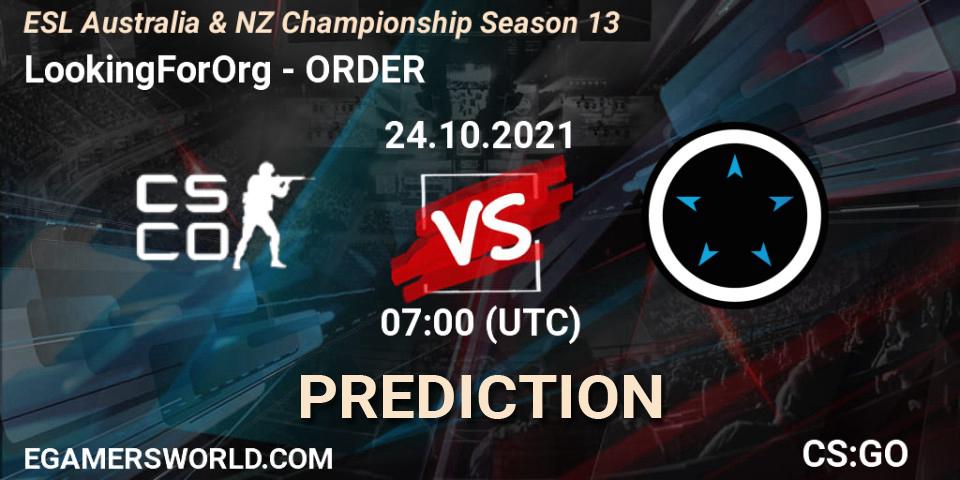 Prognose für das Spiel LookingForOrg VS ORDER. 24.10.2021 at 07:00. Counter-Strike (CS2) - ESL Australia & NZ Championship Season 13