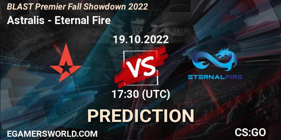 Prognose für das Spiel Astralis VS Eternal Fire. 19.10.2022 at 17:15. Counter-Strike (CS2) - BLAST Premier Fall Showdown 2022 Europe