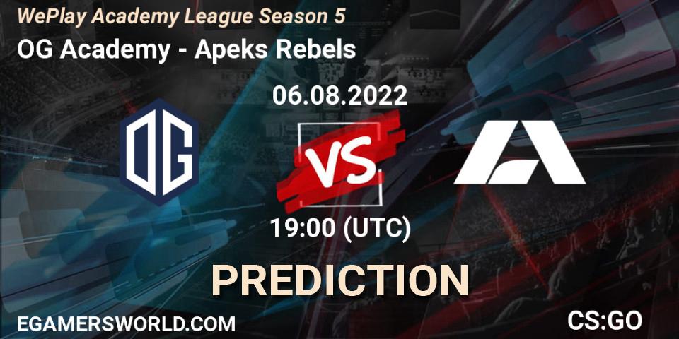 Prognose für das Spiel OG Academy VS Apeks Rebels. 06.08.2022 at 16:25. Counter-Strike (CS2) - WePlay Academy League Season 5