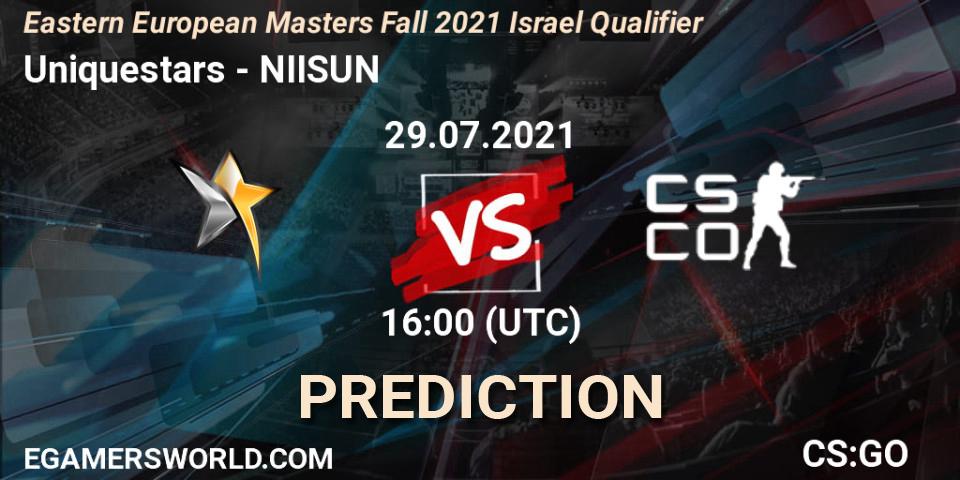 Prognose für das Spiel Uniquestars VS NIISUN. 29.07.2021 at 16:00. Counter-Strike (CS2) - Eastern European Masters Fall 2021 Israel Qualifier
