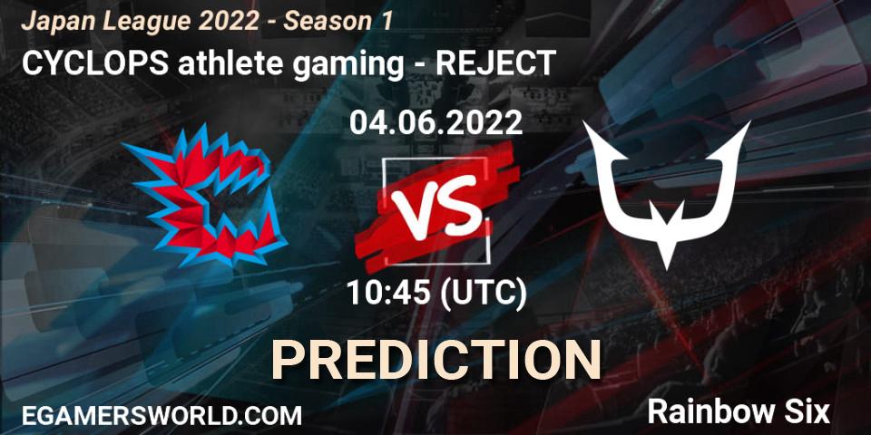 Prognose für das Spiel CYCLOPS athlete gaming VS REJECT. 04.06.2022 at 10:45. Rainbow Six - Japan League 2022 - Season 1