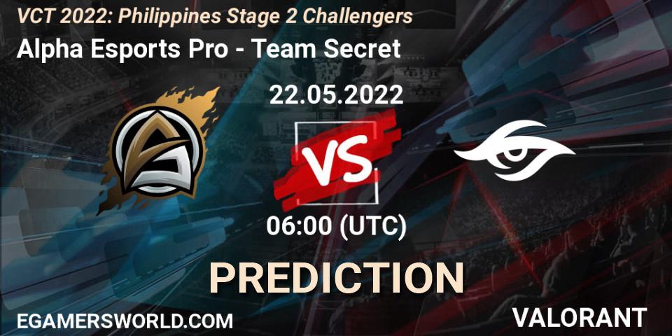 Prognose für das Spiel Alpha Esports Pro VS Team Secret. 22.05.2022 at 07:00. VALORANT - VCT 2022: Philippines Stage 2 Challengers