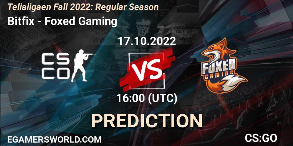 Prognose für das Spiel Bitfix VS Foxed Gaming. 17.10.2022 at 16:00. Counter-Strike (CS2) - Telialigaen Fall 2022: Regular Season