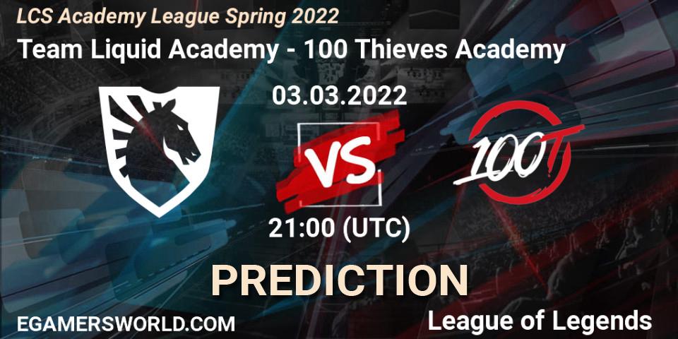 Prognose für das Spiel Team Liquid Academy VS 100 Thieves Academy. 03.03.2022 at 21:00. LoL - LCS Academy League Spring 2022
